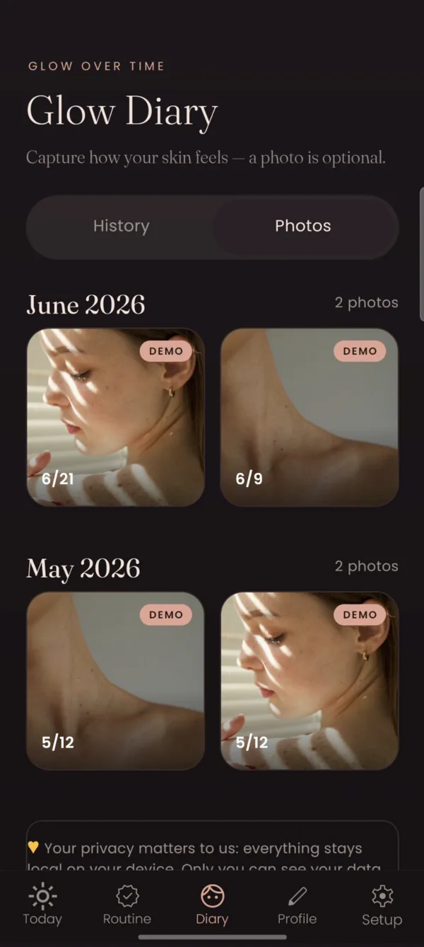 Glow Diary with photos over time